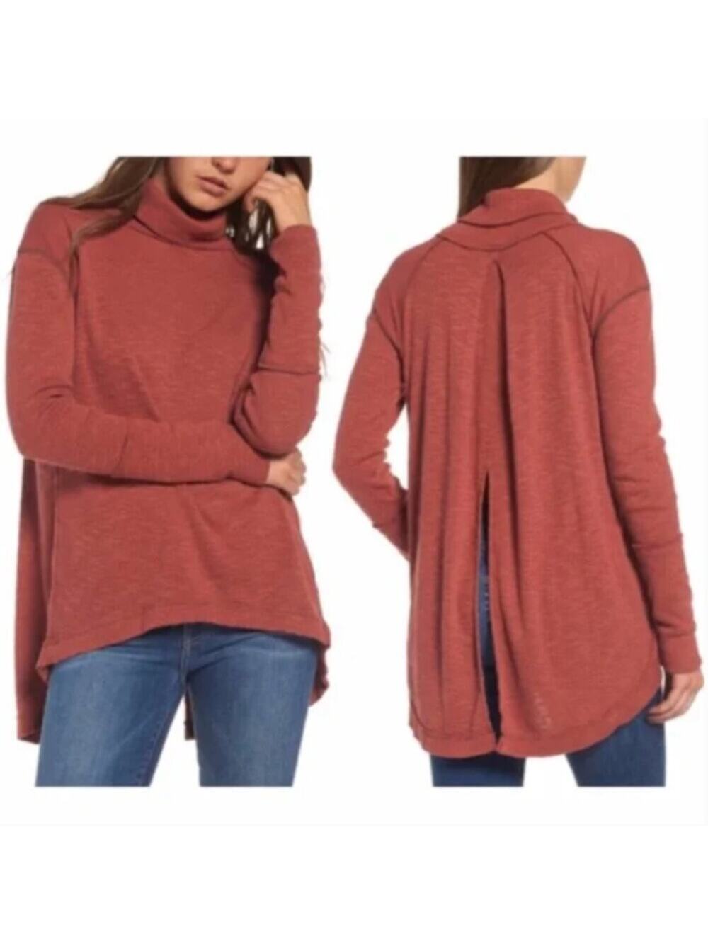 Free People Red Split Back Turtleneck Top